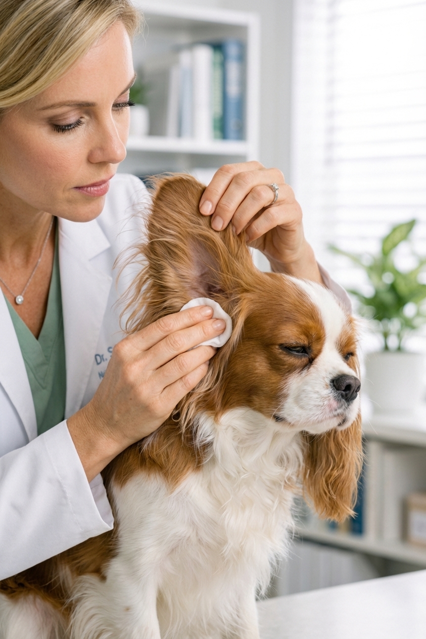 A person gently lifting a Cavalier King Charles Spaniel's ear while using a cotton pad to clean the outer ear, close-up realistic photo