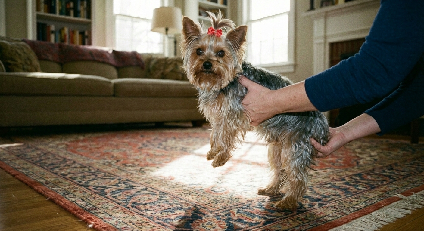 A person gently lifting a Yorkshire Terrier with one hand supporting the chest and the other supporting the hindquarters