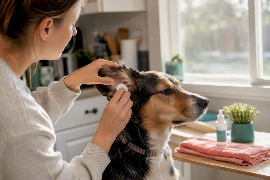 A person gently lifting a dog's ear flap while inspecting the skin underneath during an at-home tick check
