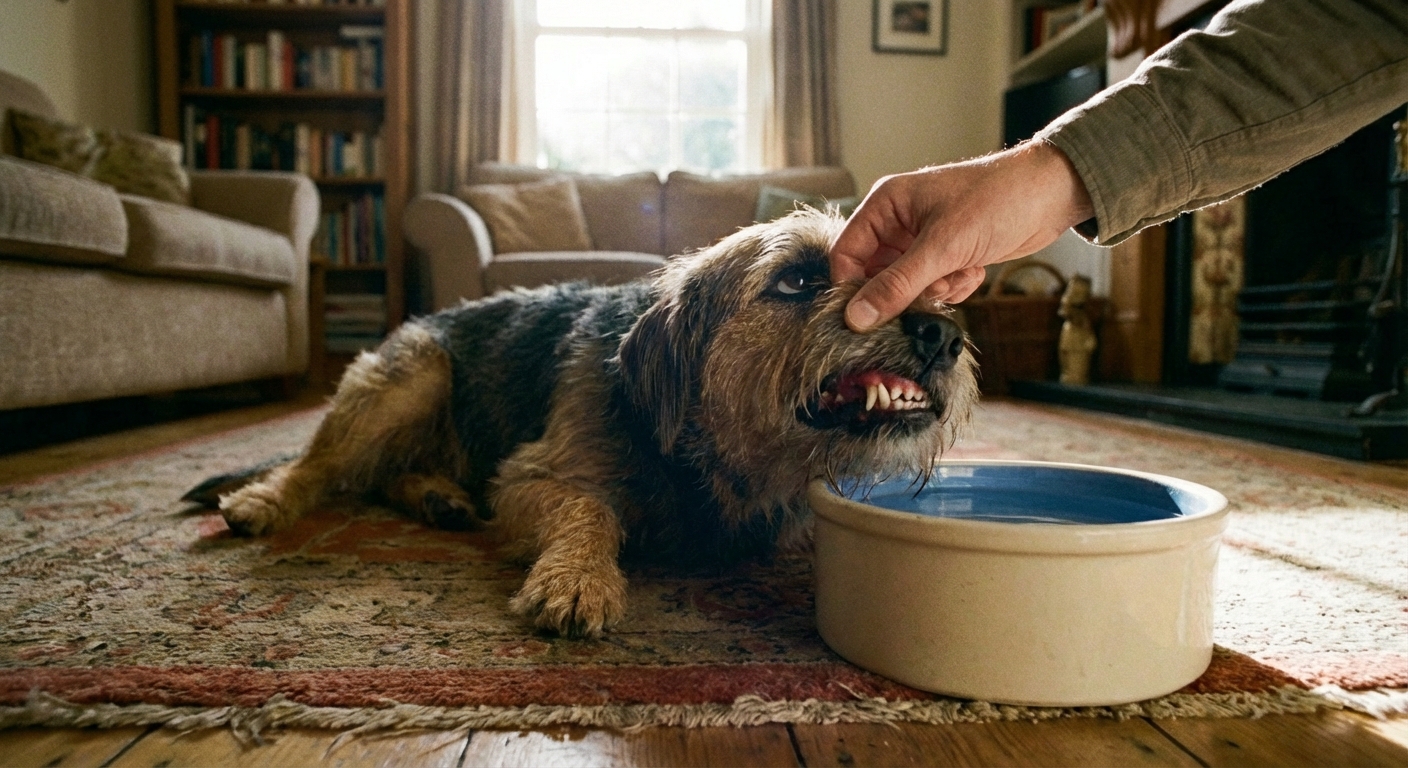 A person gently lifting a dog's lip to check the gums in a well-lit room