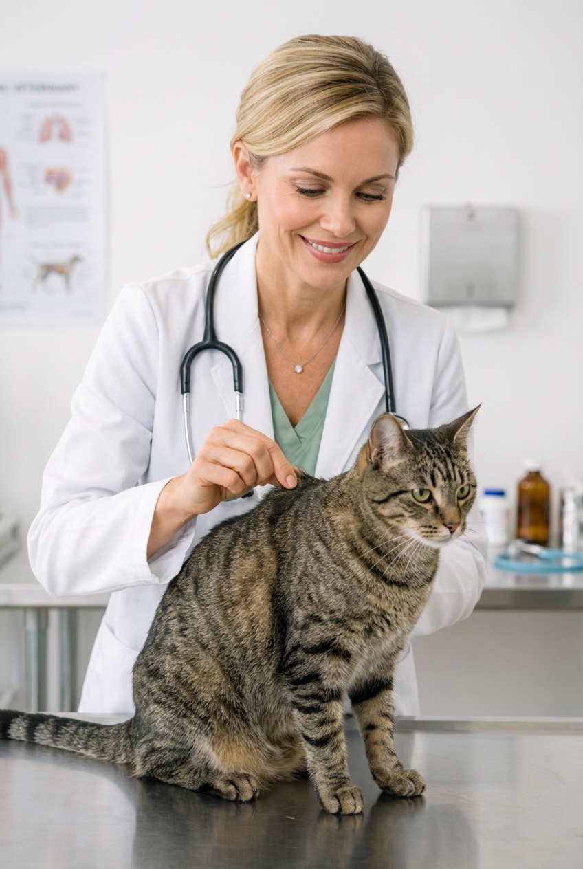 A person gently lifting the loose skin over a cat's shoulder blades to check skin elasticity