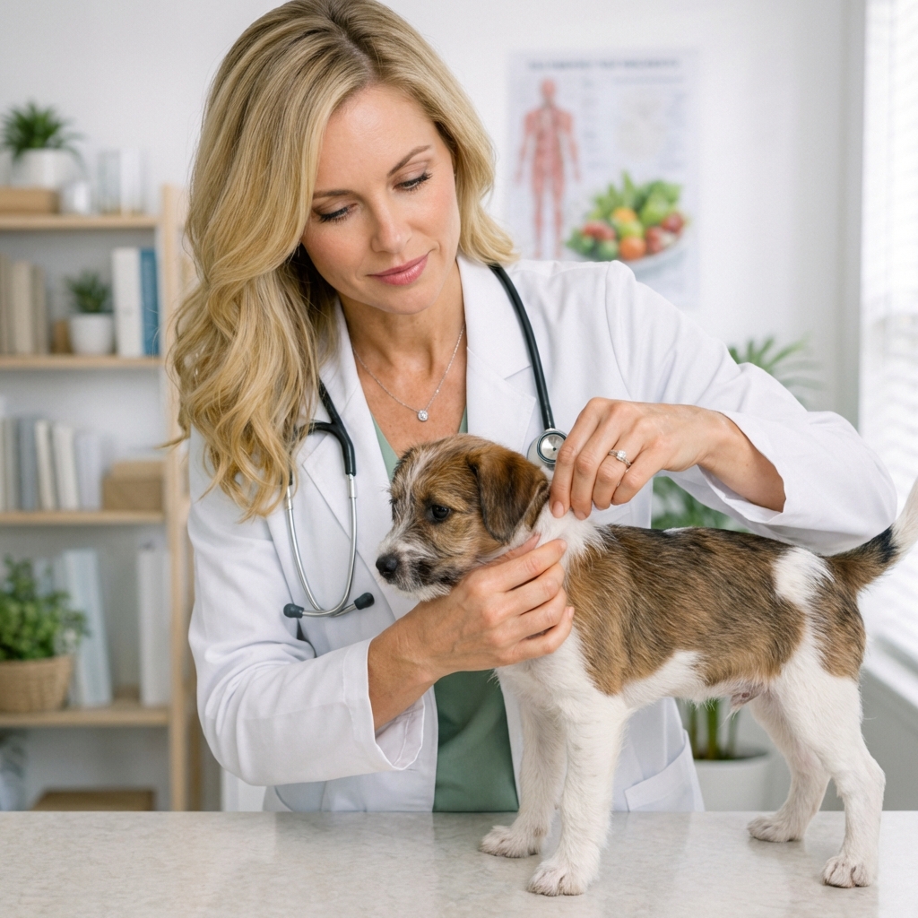 A person gently lifting the loose skin over a puppy's shoulder to check hydration