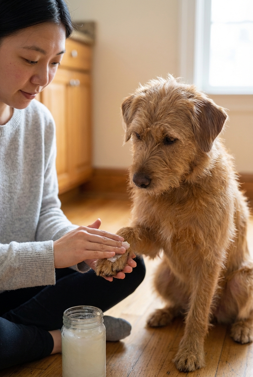 A person gently massaging a small amount of coconut oil onto a dog’s paw pads indoors