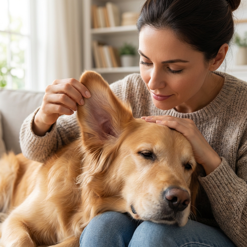 A person gently massaging the base of a dog’s ear while holding the ear flap up