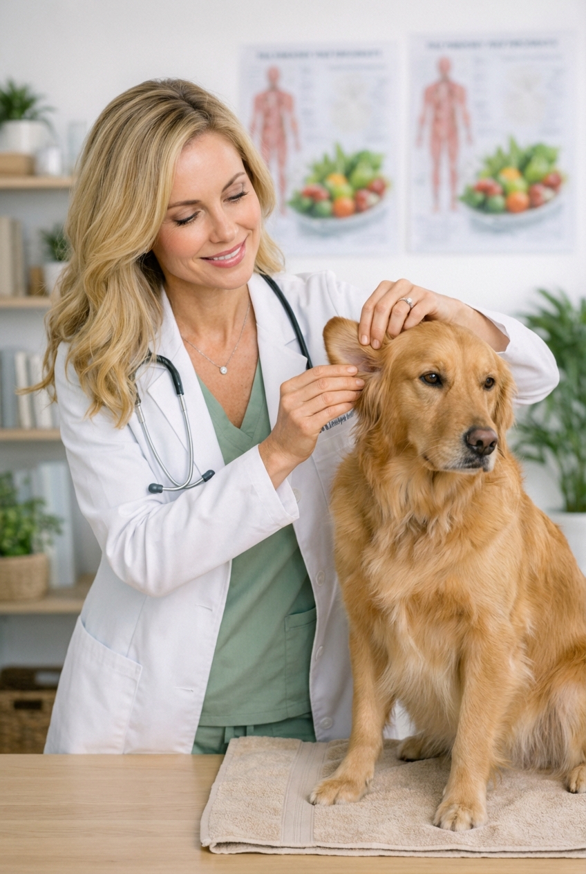 A person gently massaging the base of a dog’s ear while the dog sits calmly on a towel