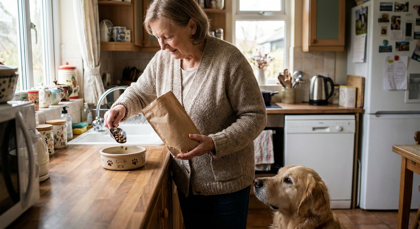 A person gently measuring a small portion of bland dog food into a bowl in a home kitchen