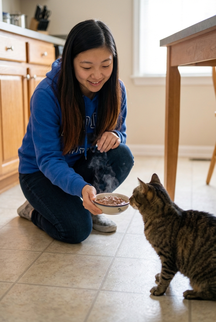 A person gently offering a bowl of warmed wet cat food to a cat on a kitchen floor
