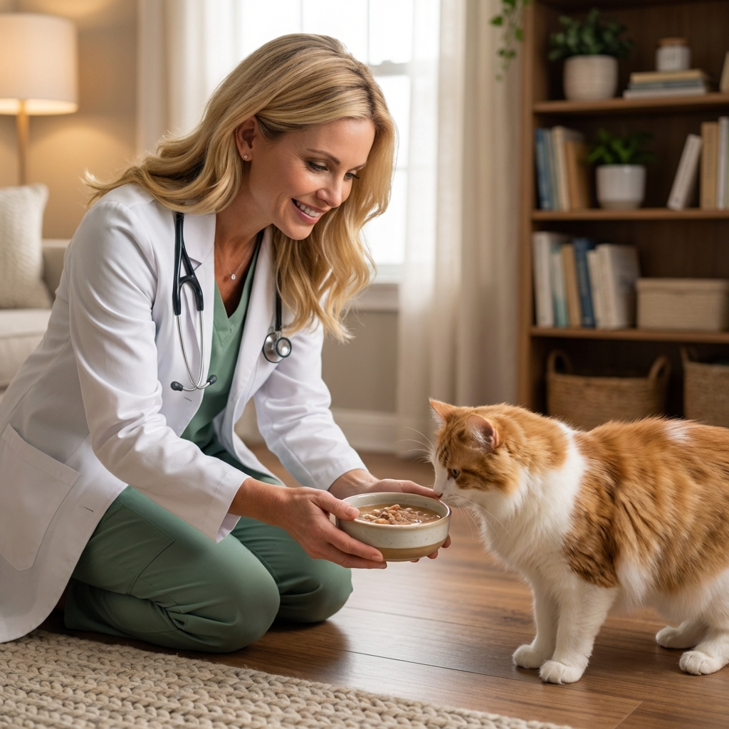 A person gently offering a cat a small bowl of watered-down canned food in a quiet room