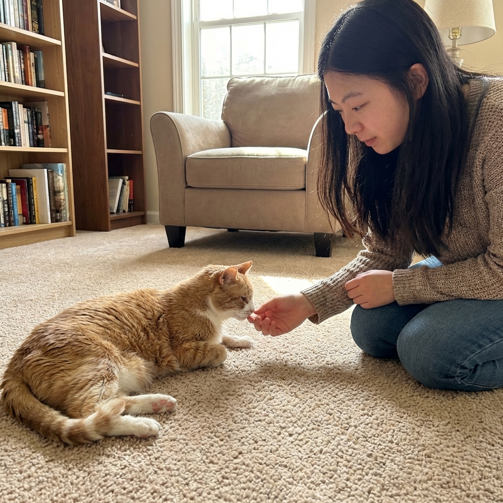 A person gently offering a hand to a senior cat on a carpeted floor in a calm home setting
