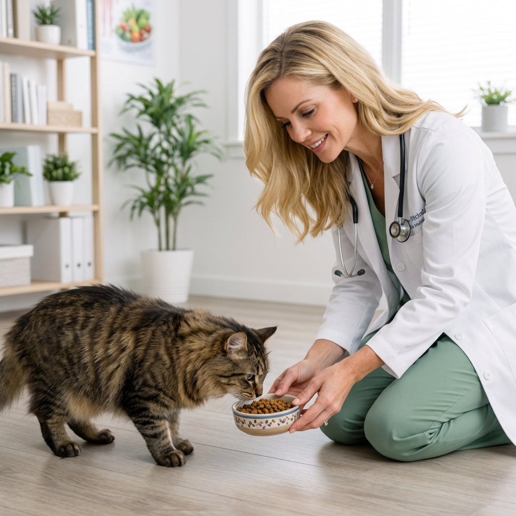 A person gently offering a small bowl of food to a cat sniffing cautiously
