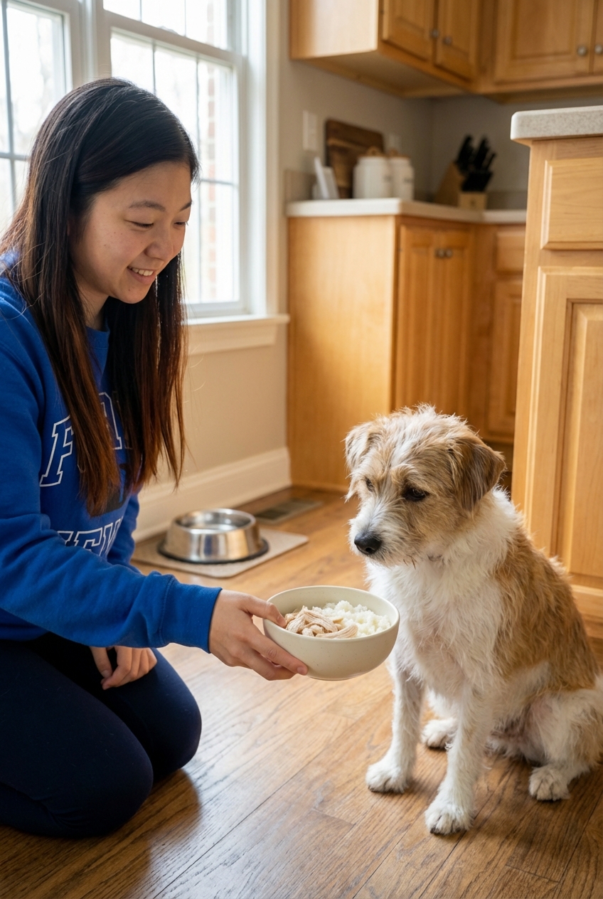A person gently offering a small bowl of plain food to a calm dog in a kitchen