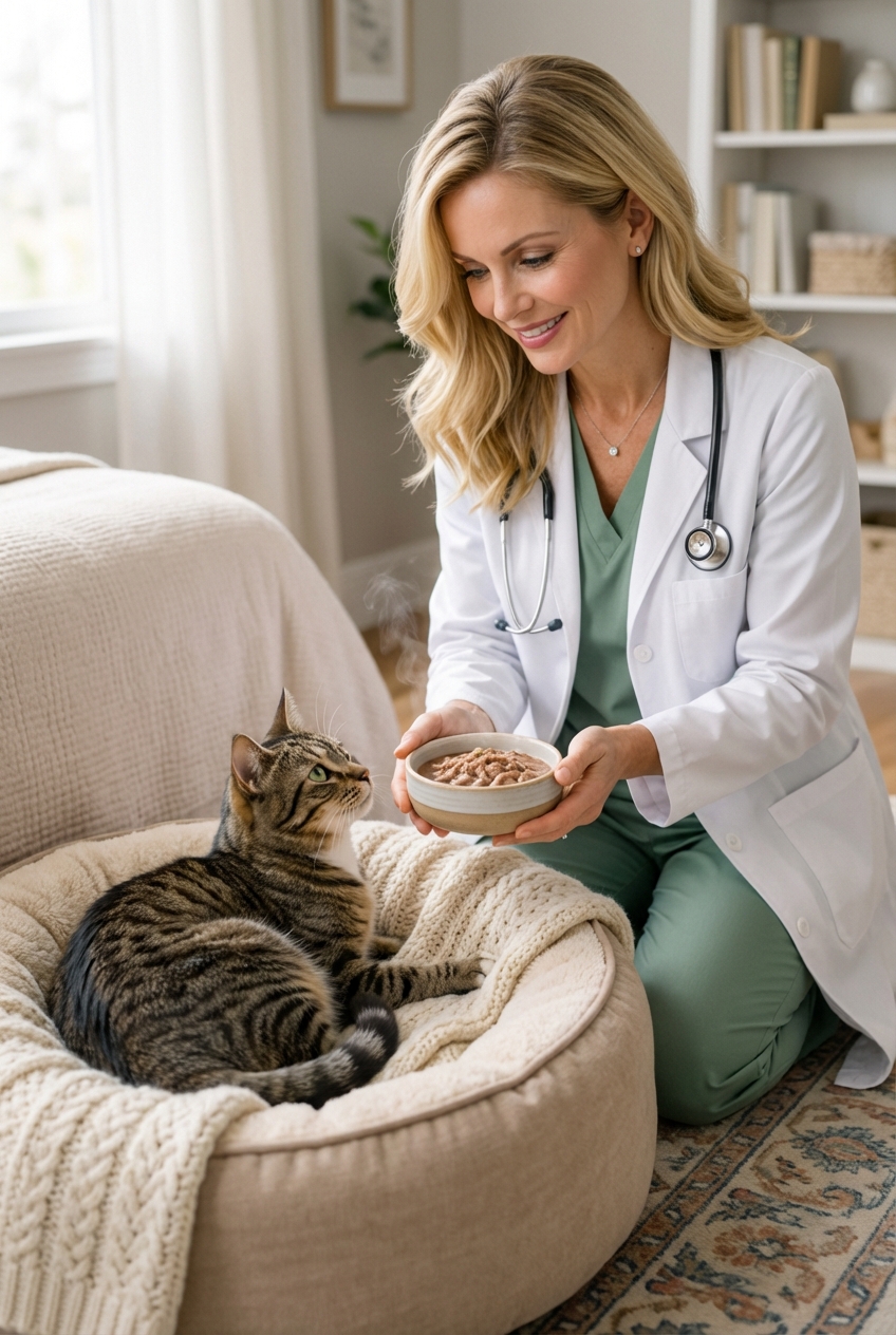 A person gently offering a small bowl of warmed wet cat food to a cat resting on a cozy bed