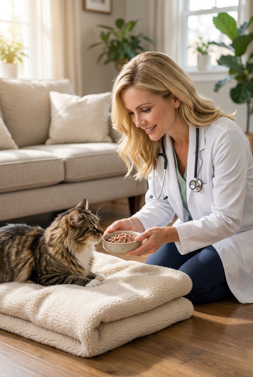 A person gently offering a small bowl of wet cat food to a cat resting on a soft blanket at home