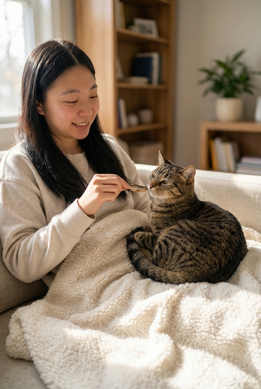 A person gently offering a small treat to a calm cat sitting on a towel on their lap indoors