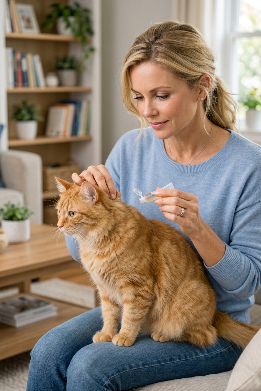 A person gently parting the fur at the back of an adult cat's neck to apply a topical flea prevention tube, indoor home setting, real photography style