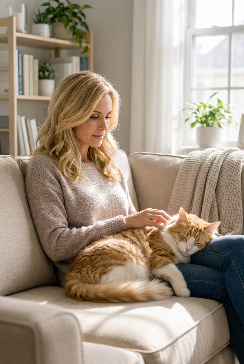 A person gently petting a calm cat on a couch in a quiet living room
