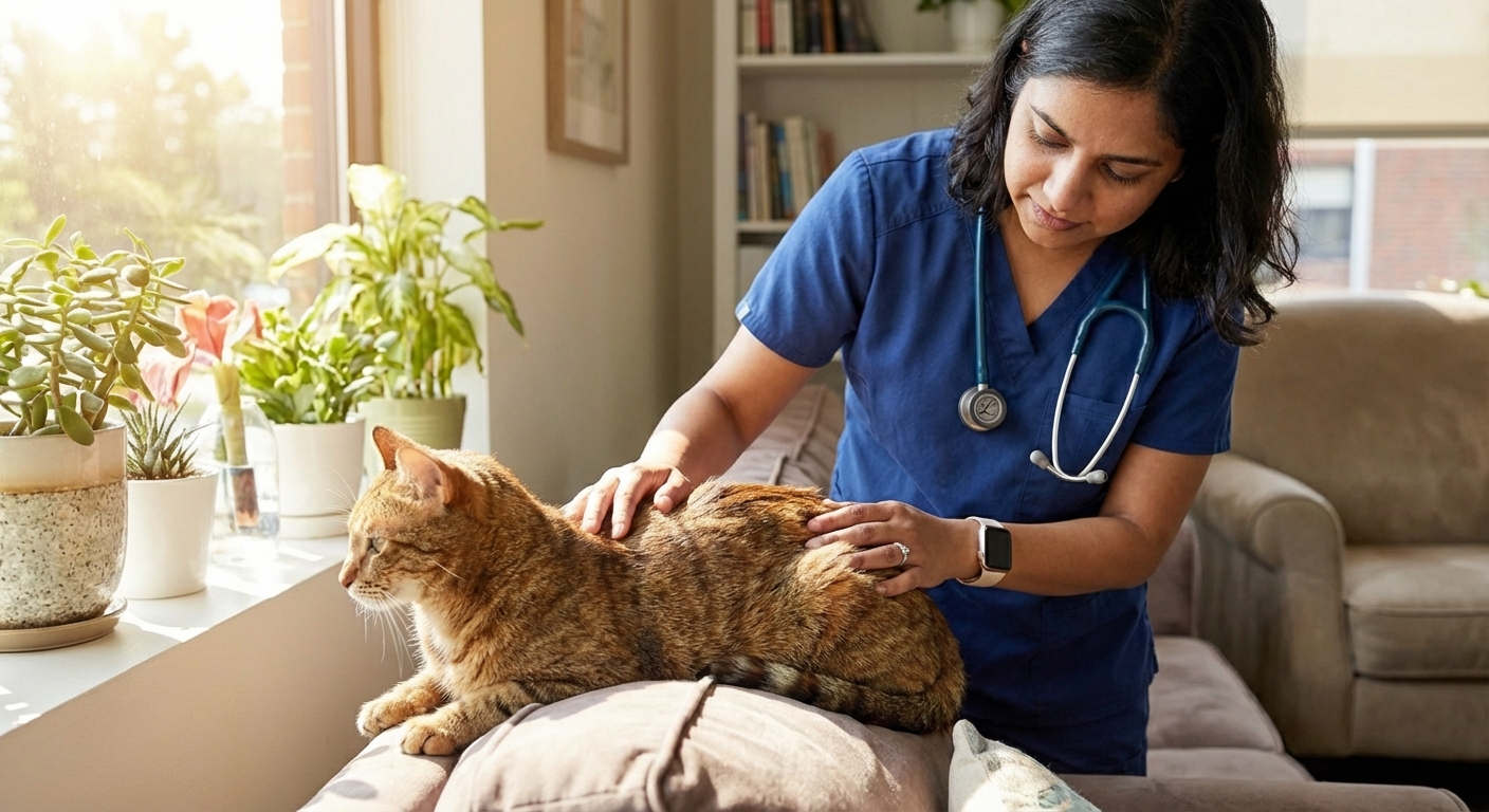 A person gently petting a cat along the spine to assess body condition in a sunny living room