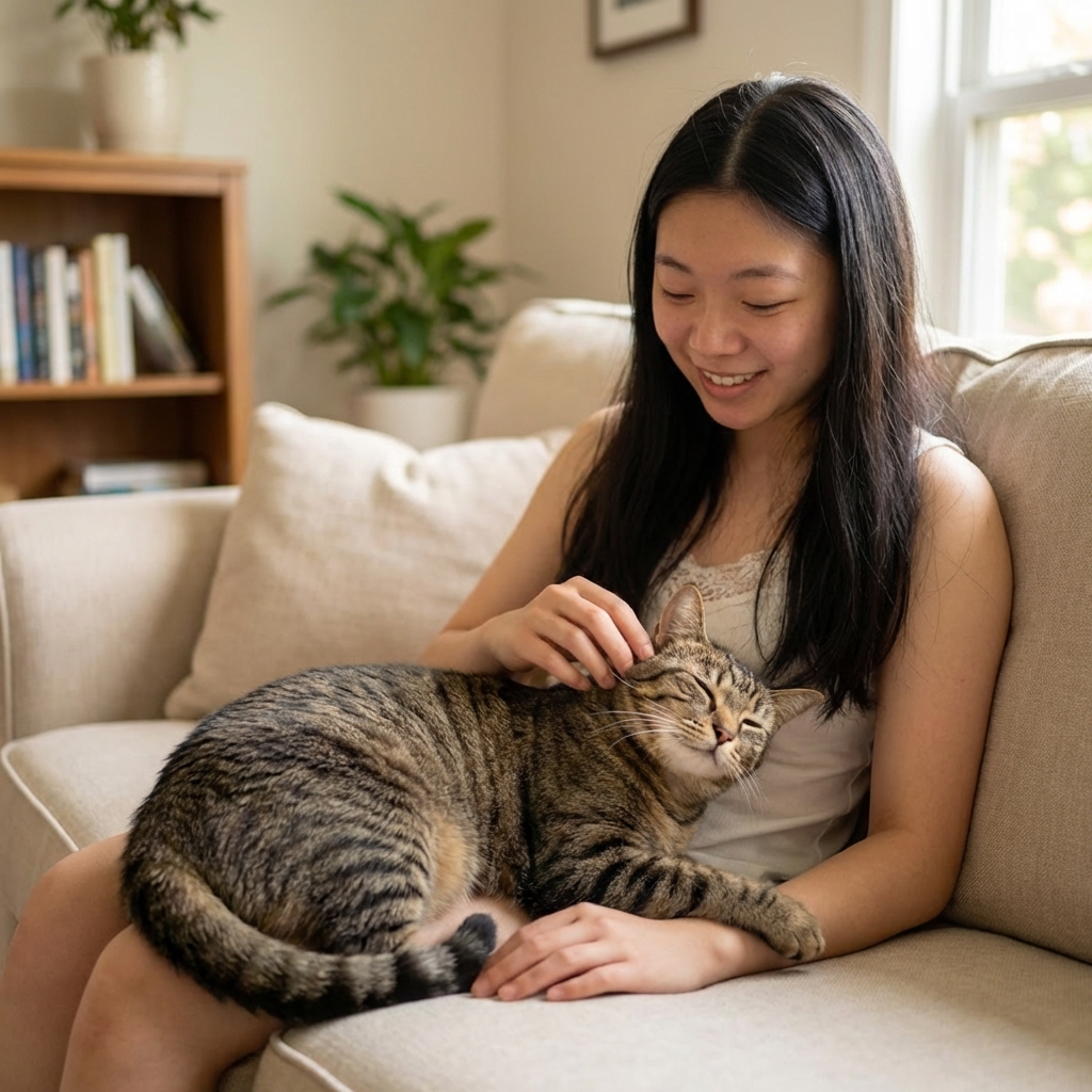 A person gently petting an affectionate cat resting on a couch