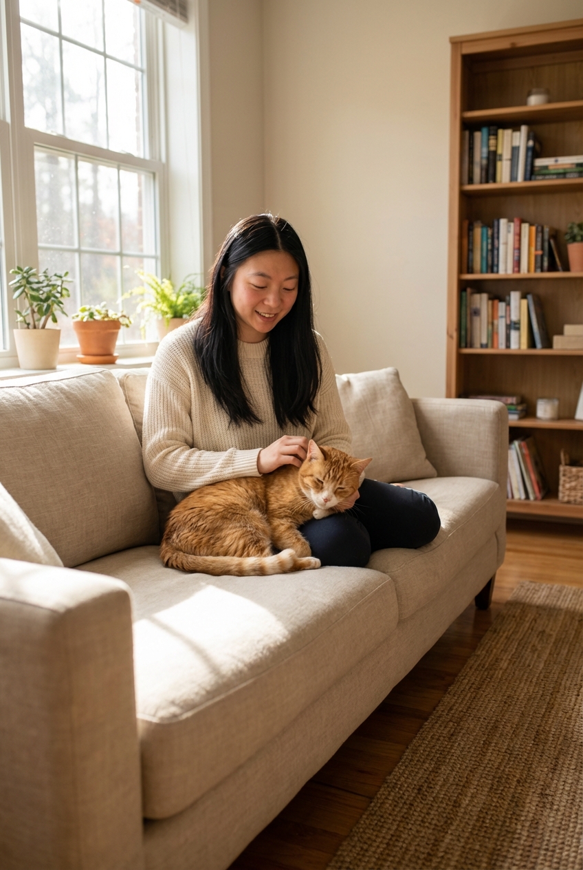 A person gently petting an older cat on a couch in a calm living room