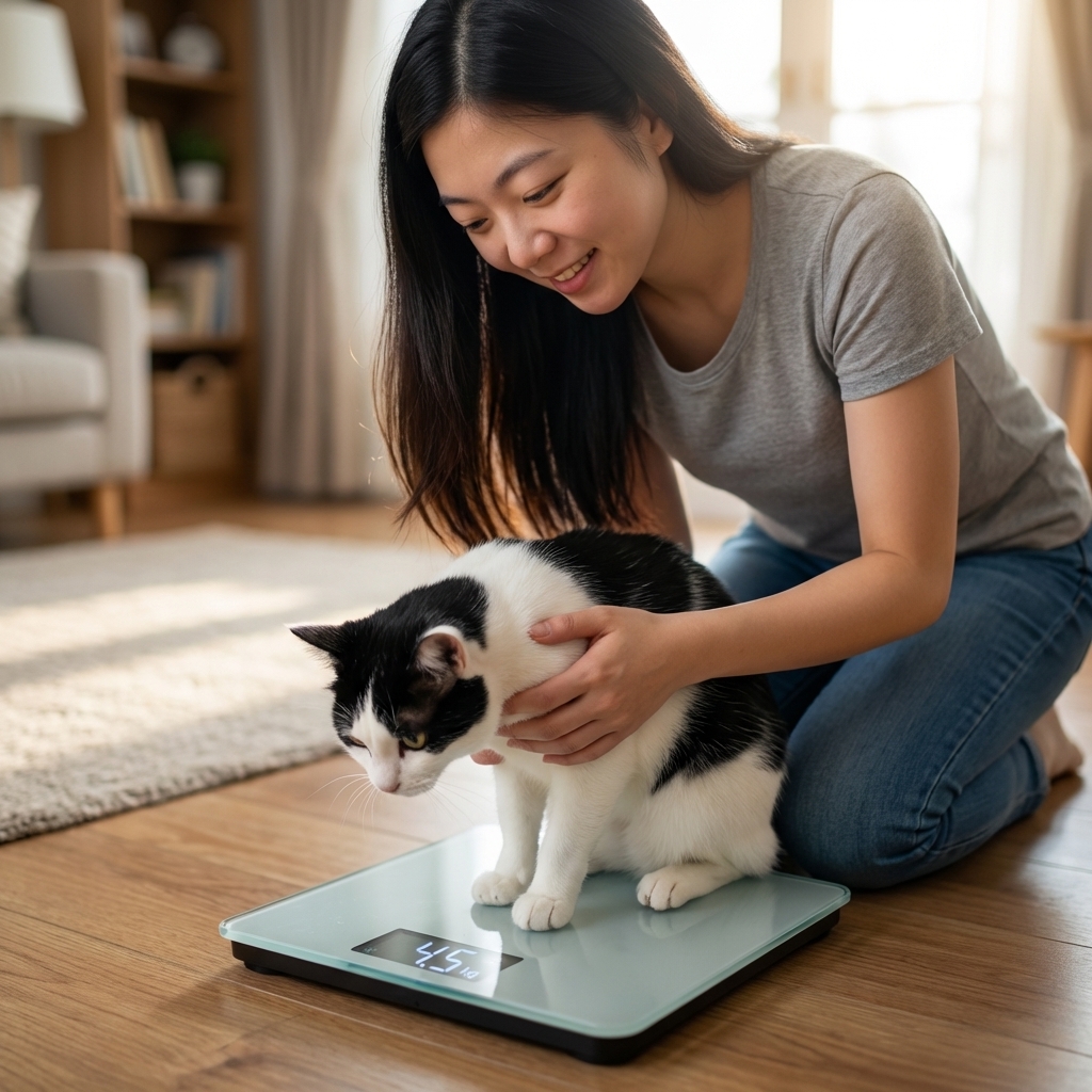 A person gently placing a black-and-white cat on a digital scale in a home setting to monitor weight, realistic photography