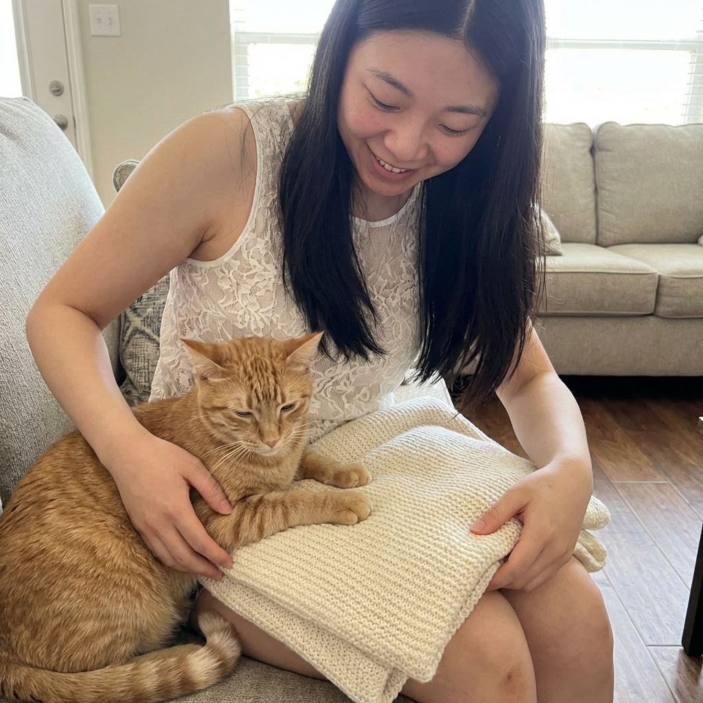 A person gently placing a folded blanket on their lap while a cat prepares to knead