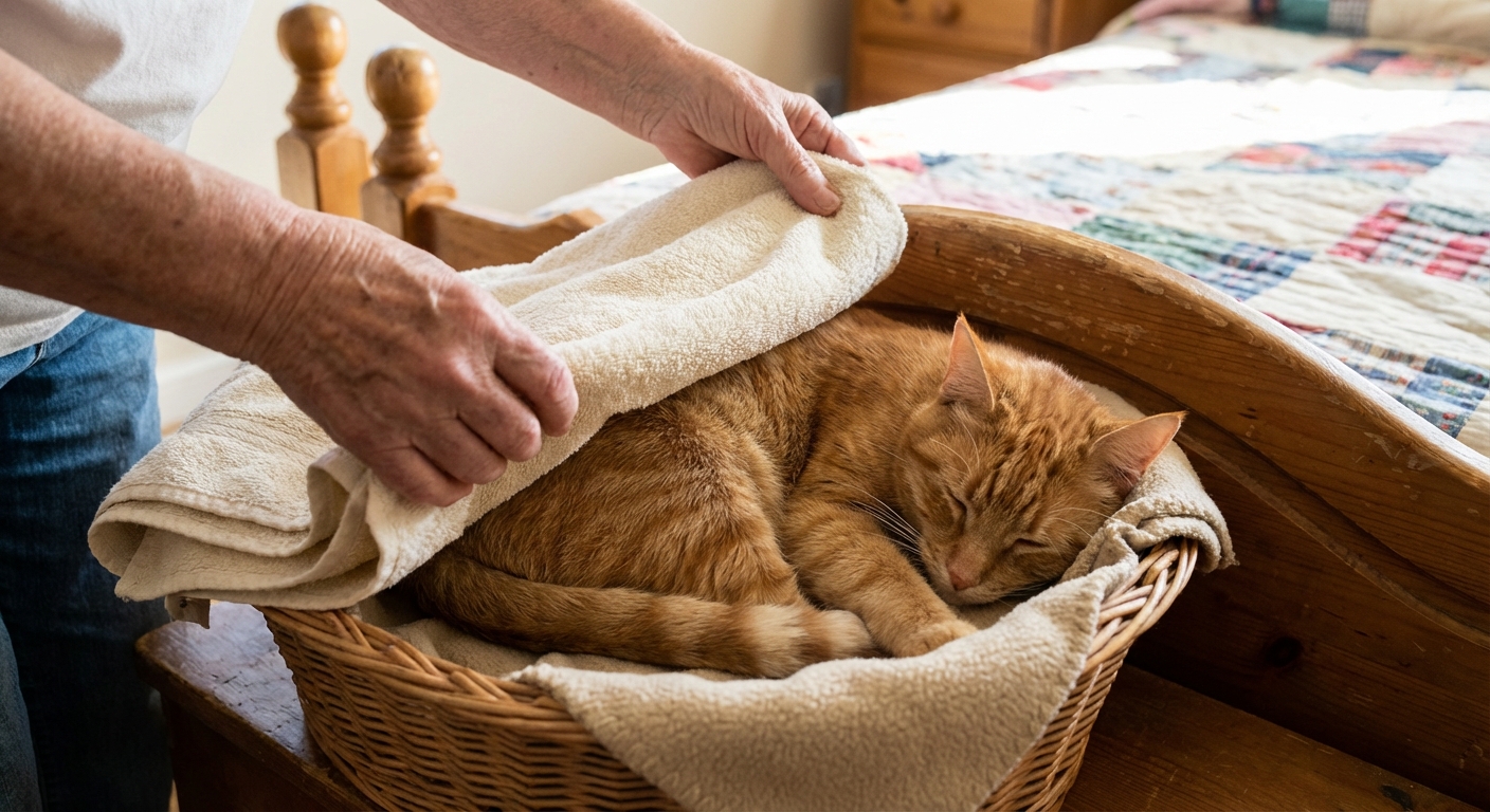A person gently placing a folded towel over a cat resting in a bed