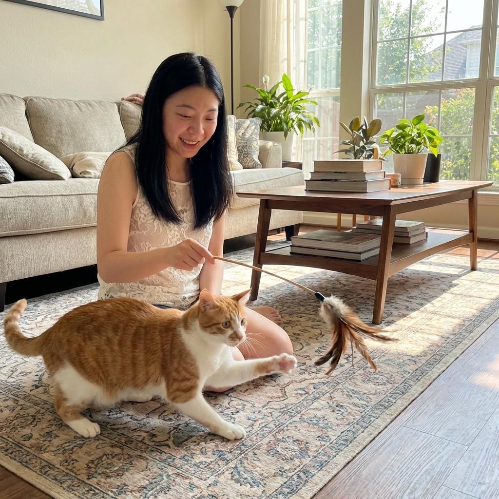 A person gently playing with a cat using a feather wand toy in a living room
