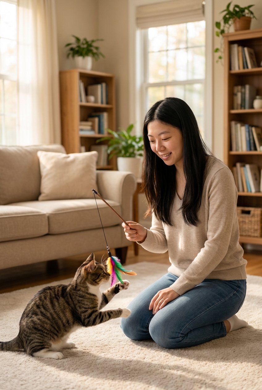 A person gently playing with an indoor cat using a feather wand toy in a calm living room