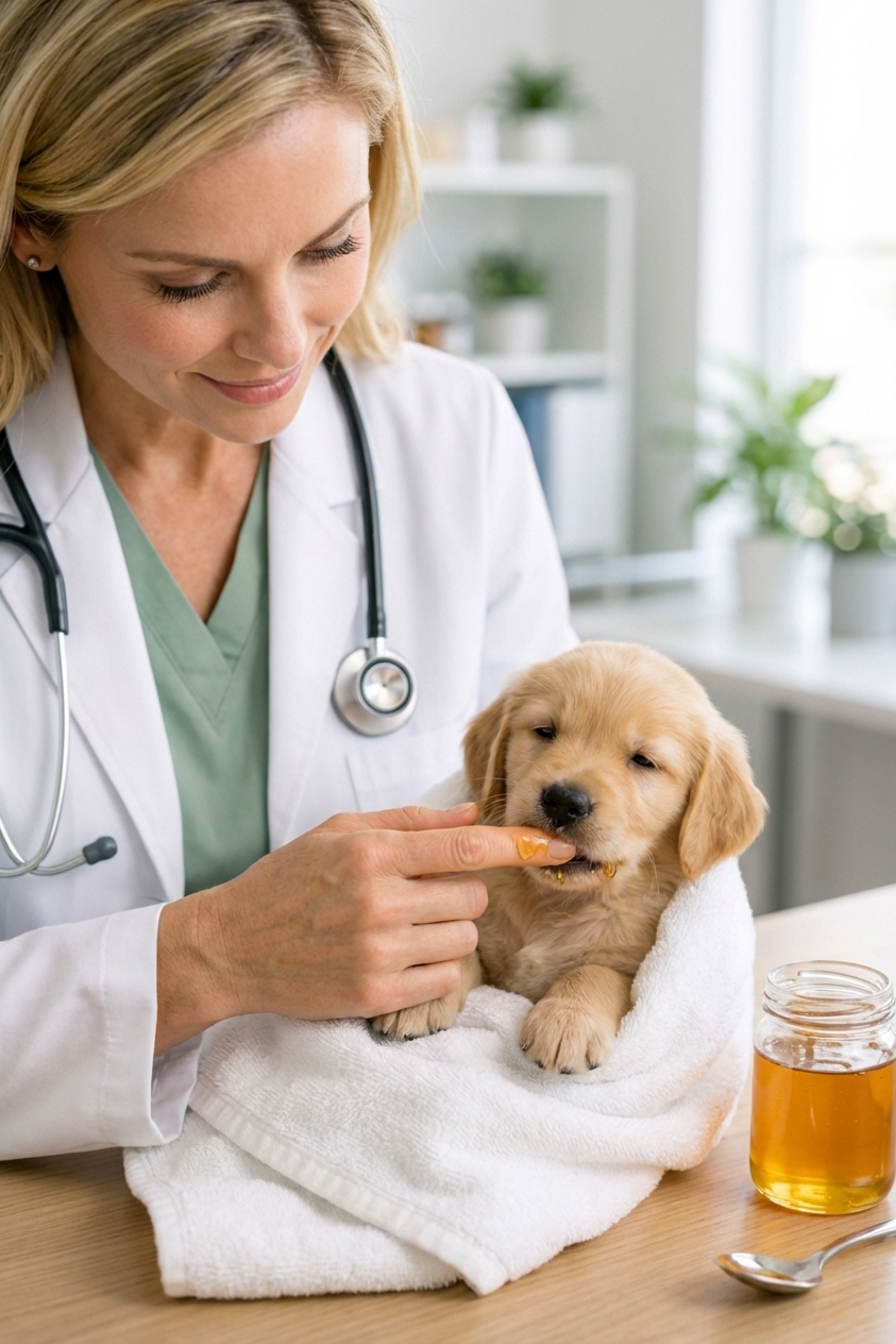 A person gently rubbing a small amount of honey on the gums of a very small puppy while the puppy is wrapped in a towel, close-up photo