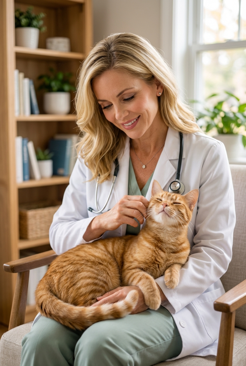 A person gently scratching a cat under the chin while the cat relaxes