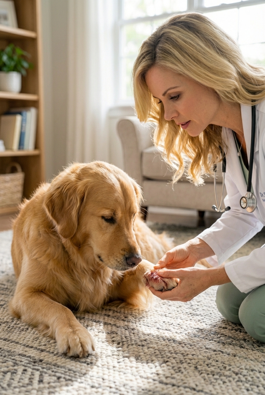 A person gently spreading a dog’s toes to check the skin between them in bright natural light