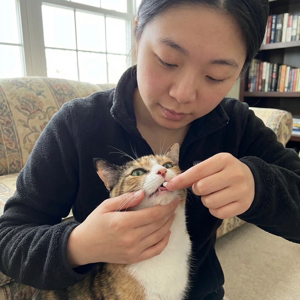 A person gently supporting a cat's head while placing a small pill toward the back of the tongue