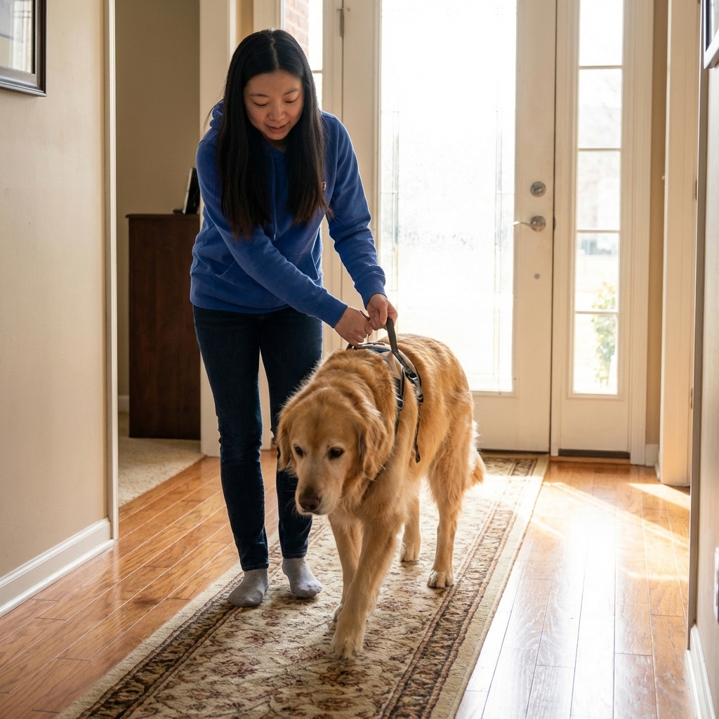 A person gently supporting a large dog with a harness while walking slowly on a nonslip rug toward a back door