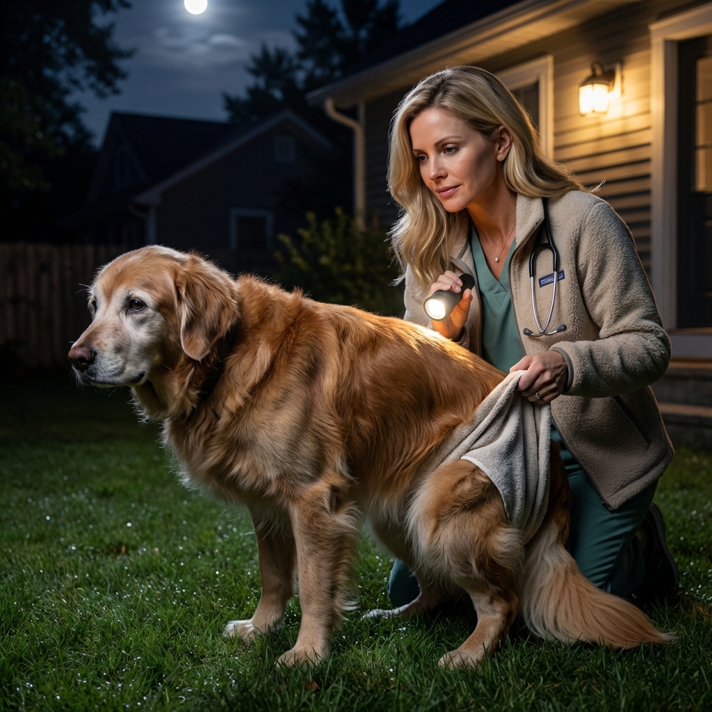 A person gently supporting a large senior dog with a towel sling during a nighttime potty break