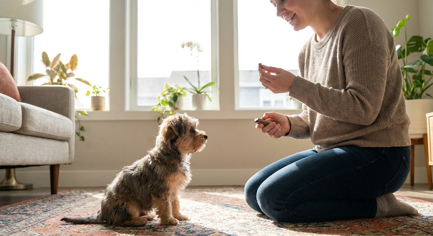 A person gently training a Morkie using small treats in a bright living room