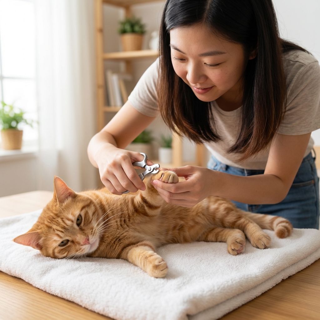 A person gently trimming the tip of a cat’s claw with small pet nail clippers while the cat relaxes on a towel
