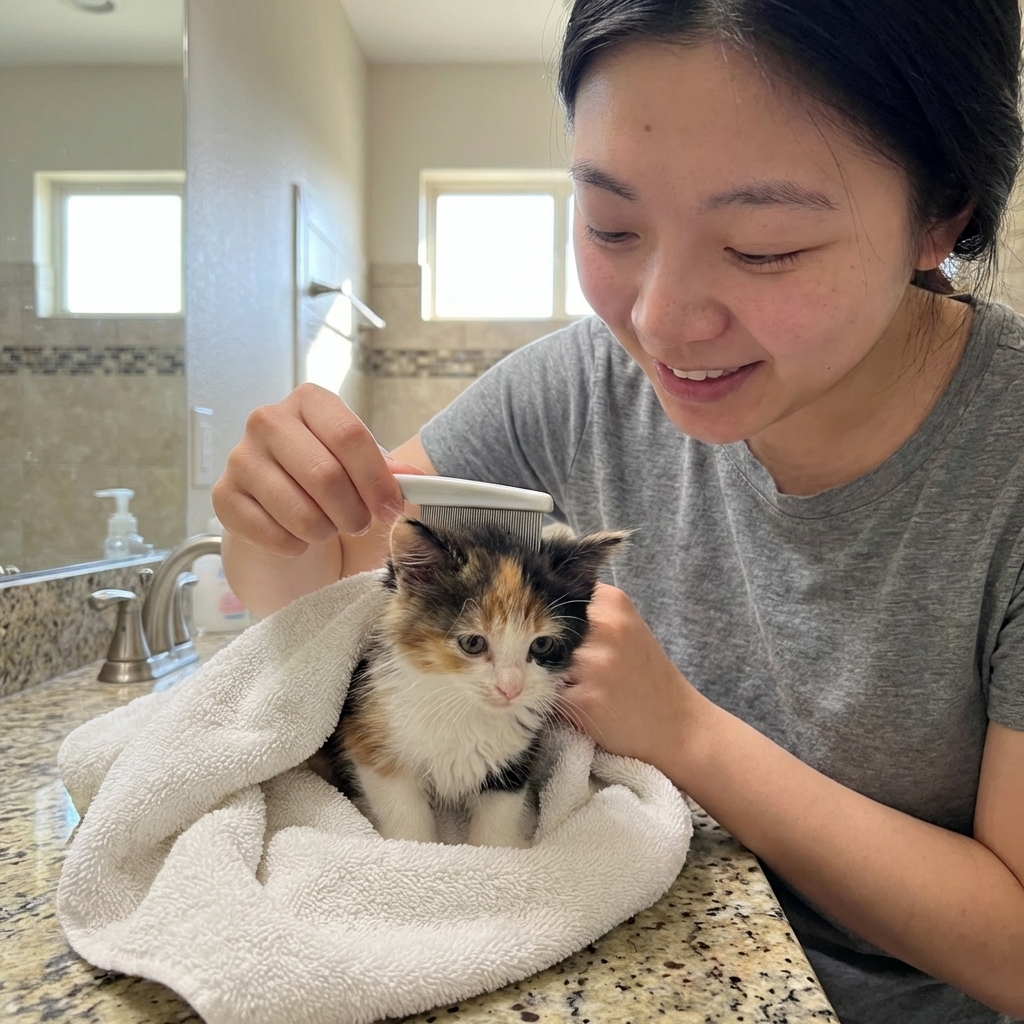 A person gently using a flea comb along the back of a small kitten while the kitten sits wrapped in a soft towel on a bathroom counter