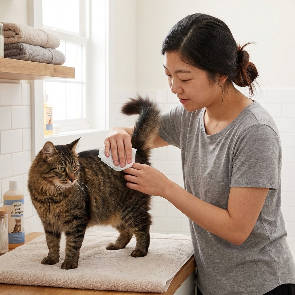A person gently using an unscented pet grooming wipe to clean the base of a cat’s tail while the cat stands calmly on a towel, realistic home pet-care photo