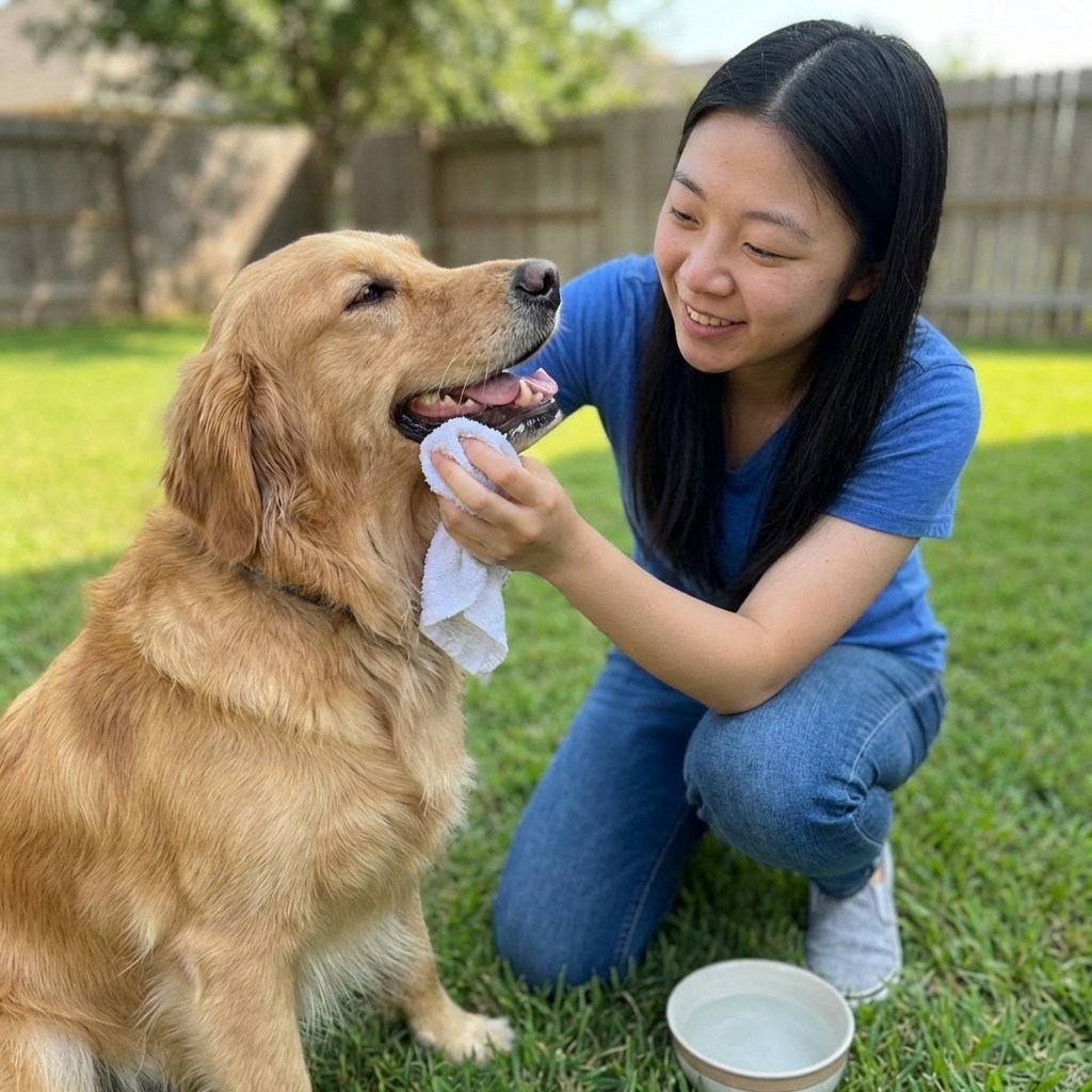 A person gently wiping a dog's gums and inner cheeks with a wet washcloth outdoors, pausing to rinse the cloth between wipes, realistic photography style