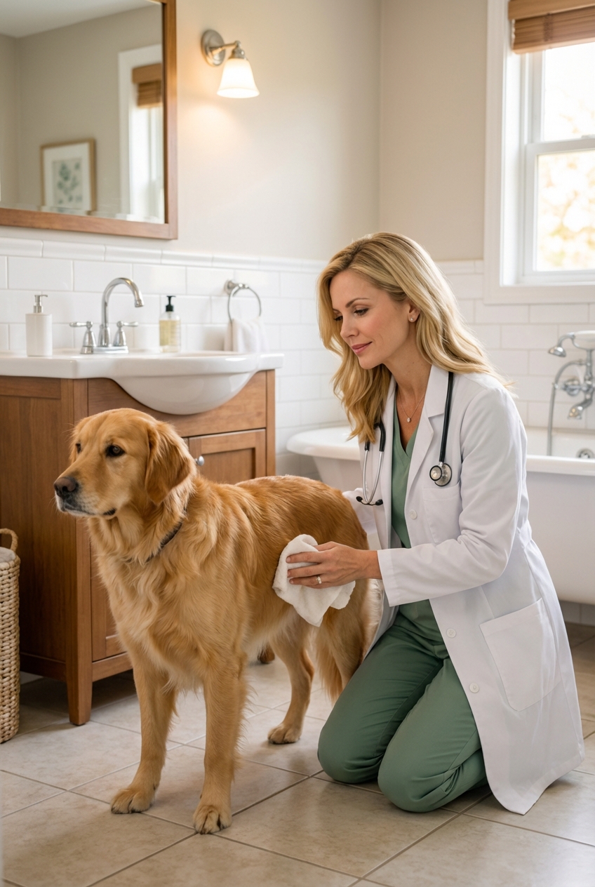 A person gently wiping a dog’s hindquarters with a soft cloth in a bathroom