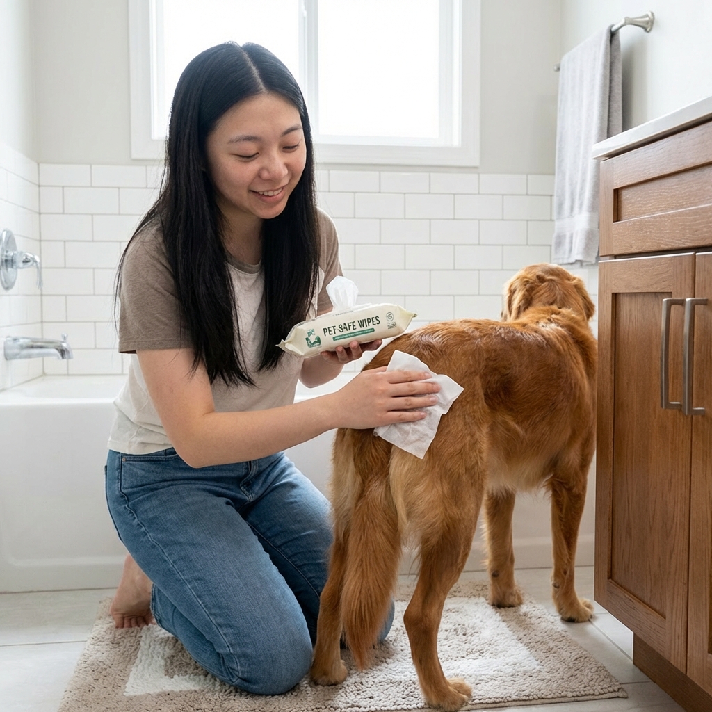 A person gently wiping a dog’s hindquarters with a pet-safe wipe in a bathroom