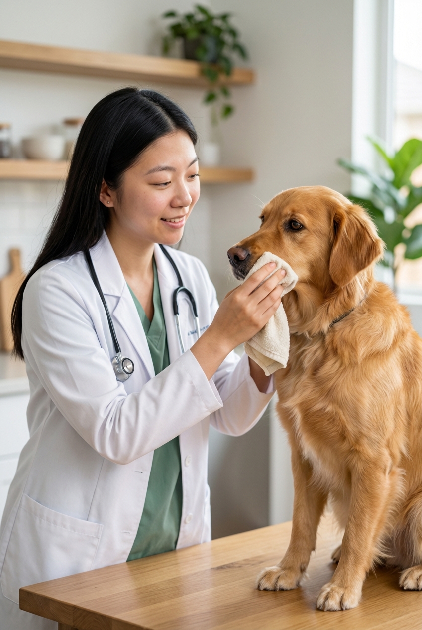 A person gently wiping a dog’s muzzle with a damp washcloth while avoiding the eyes