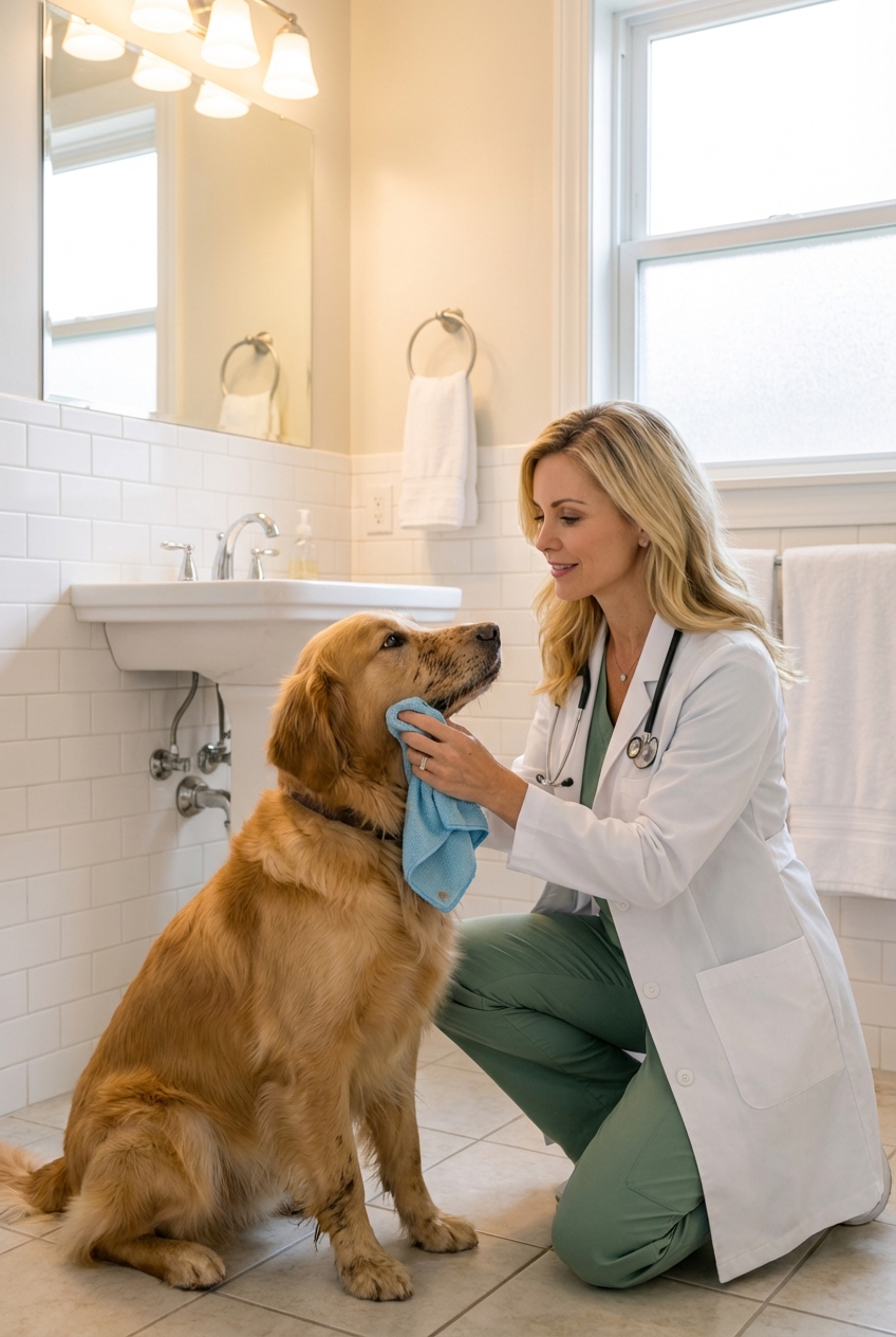 A person gently wiping a dog’s muzzle with a soft damp cloth in a well-lit bathroom