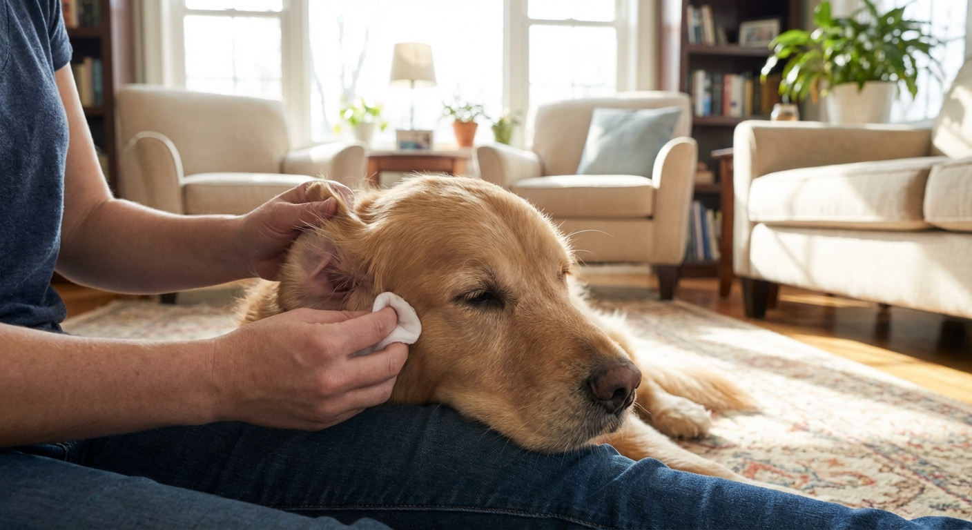A person gently wiping a dog's outer ear flap with a soft cotton pad in a bright living room, the dog looking relaxed, photorealistic