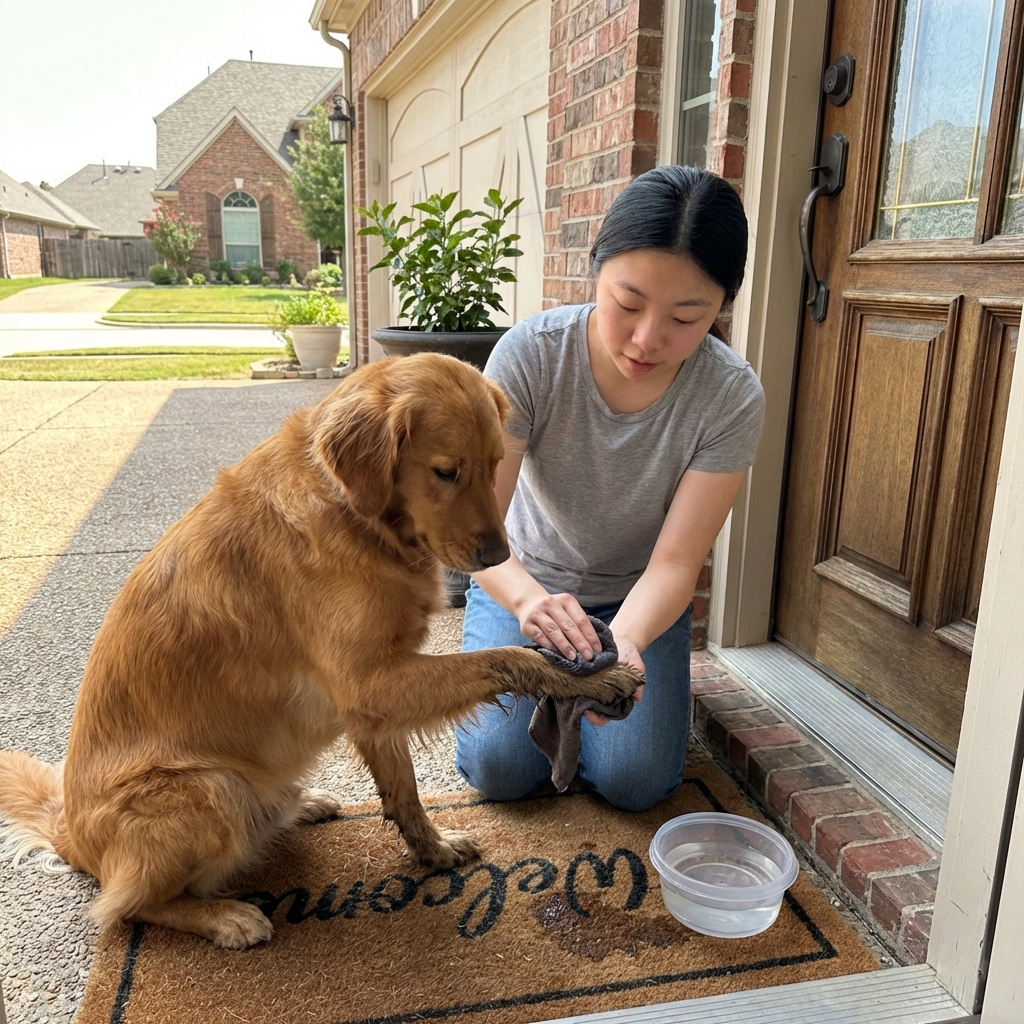 A person gently wiping a dog's paws with a damp cloth near the front door