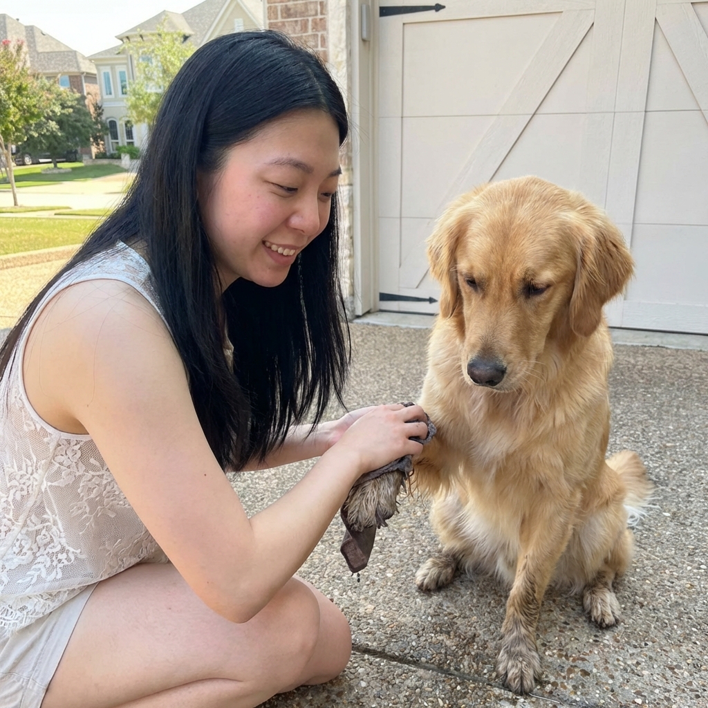 A person gently wiping a dog’s paws with a damp cloth near a home entryway