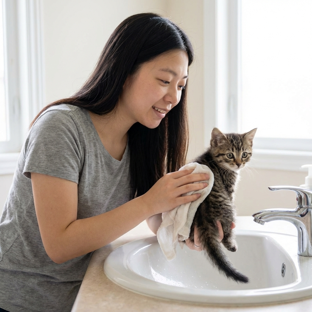 A person gently wiping a kitten's hindquarters with a soft damp cloth near a sink