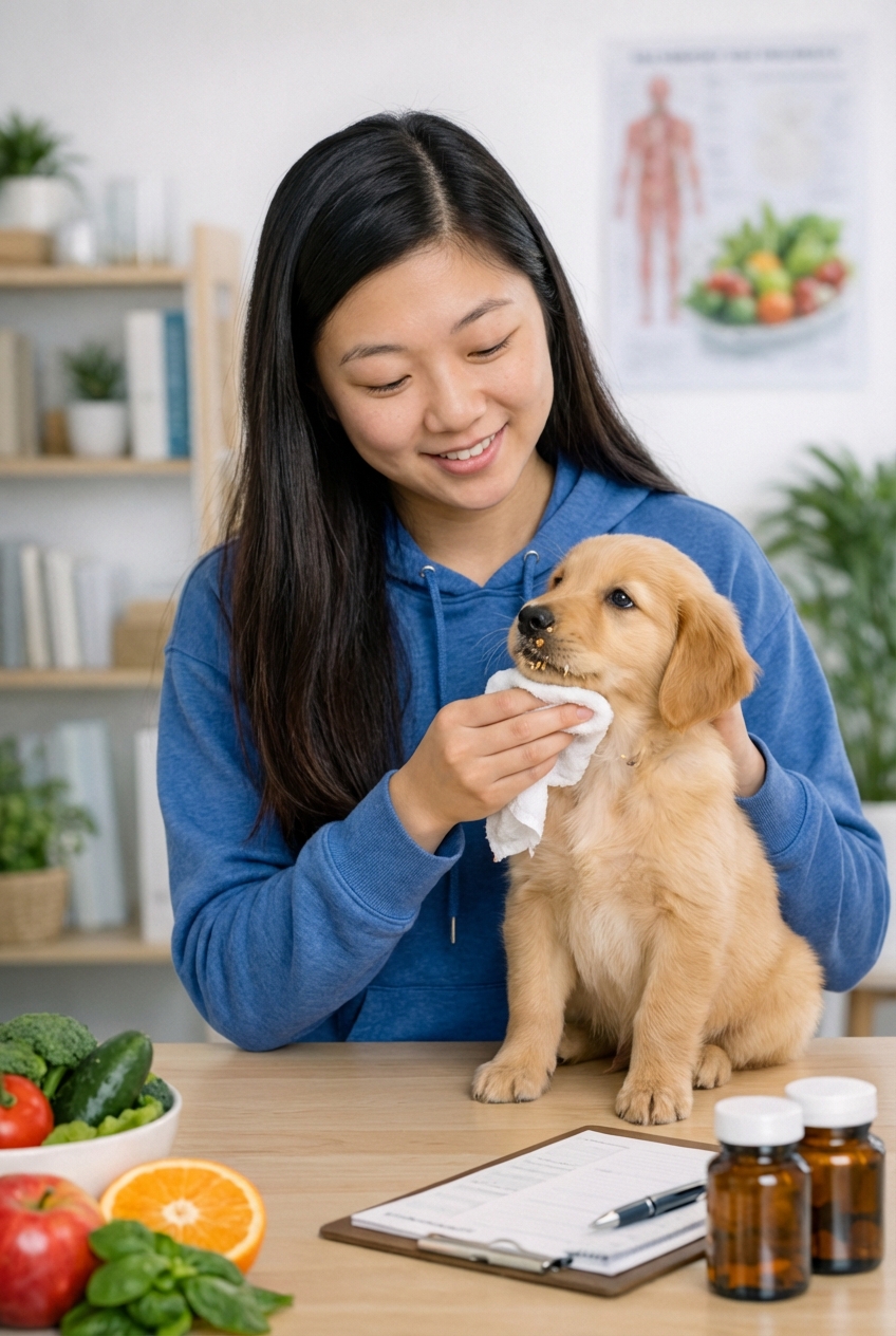 A person gently wiping a puppy’s face with a soft damp cloth after mealtime