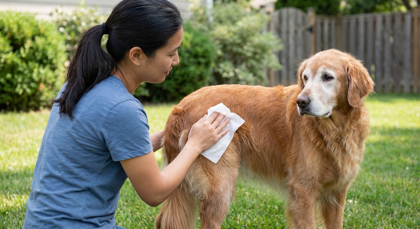 A person gently wiping a senior dog's hindquarters with an unscented pet wipe