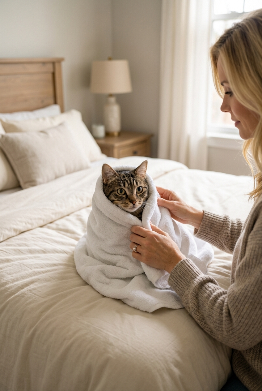 A person gently wrapping a cat in a towel on a bed with only the cat's head visible